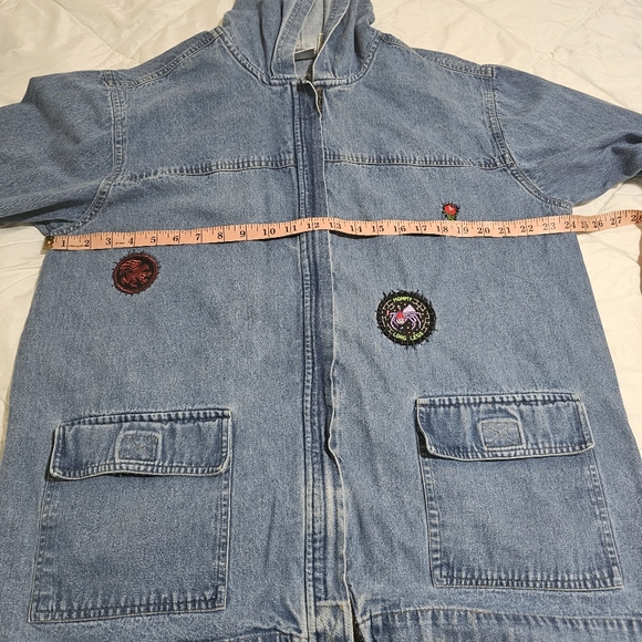 Bill Blass Vintage Hooded Jean Jacket With Novelty Patches Loosefit Womens Large - Picture 9 of 16